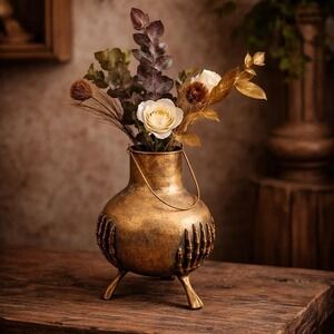 Witchy Skeleton Hands Gold Aged Iron Vase Altar Decor Gothic Pedestal Vessel